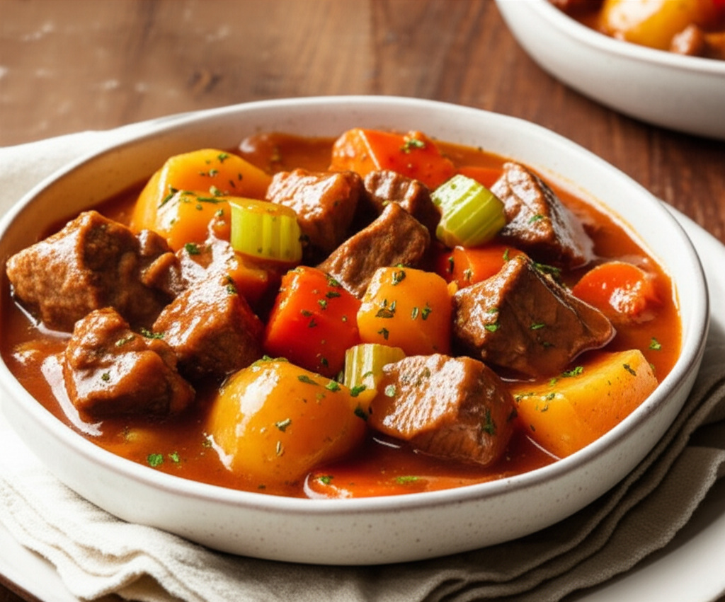 Beef stew in a white bowl: tender beef chunks, carrots, potatoes, and celery in a rich, dark gravy.