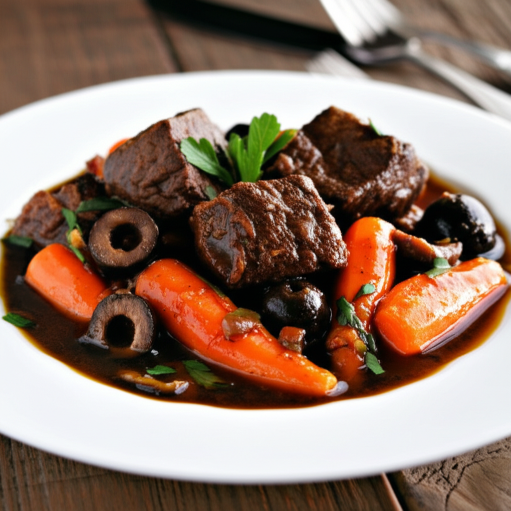 Braised beef stew with carrots and olives in dark sauce, served on a white plate.