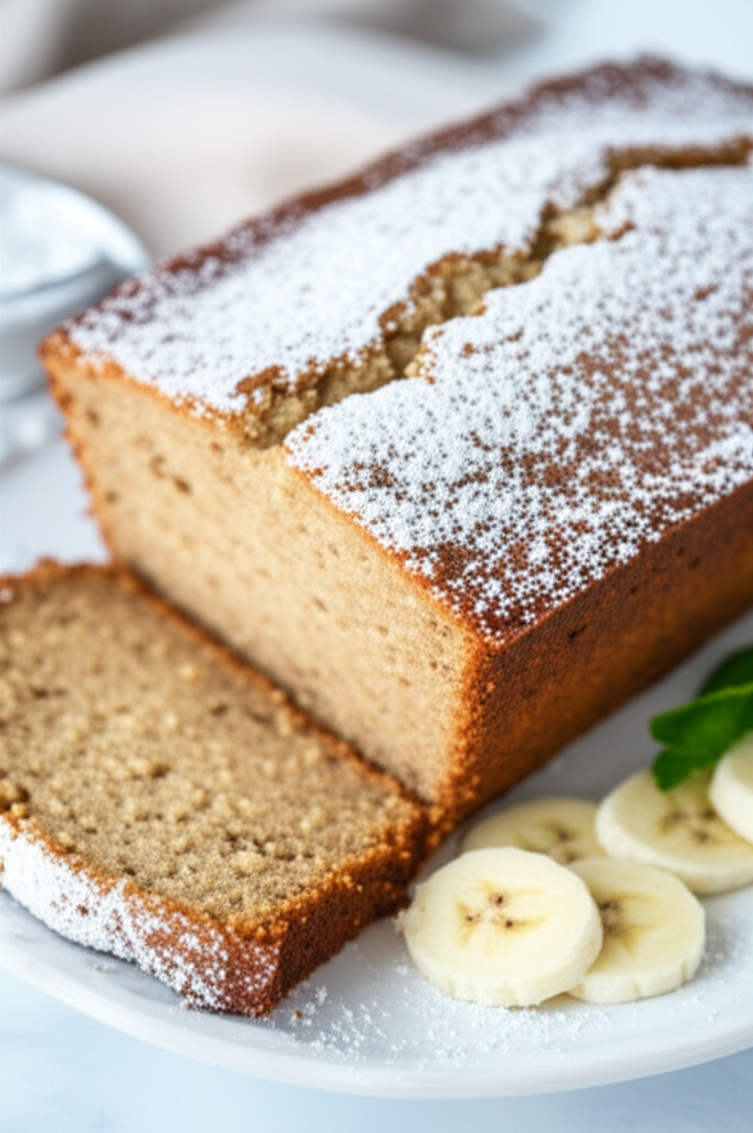 Sliced banana pound cake dusted with powdered sugar, served with banana slices and mint.