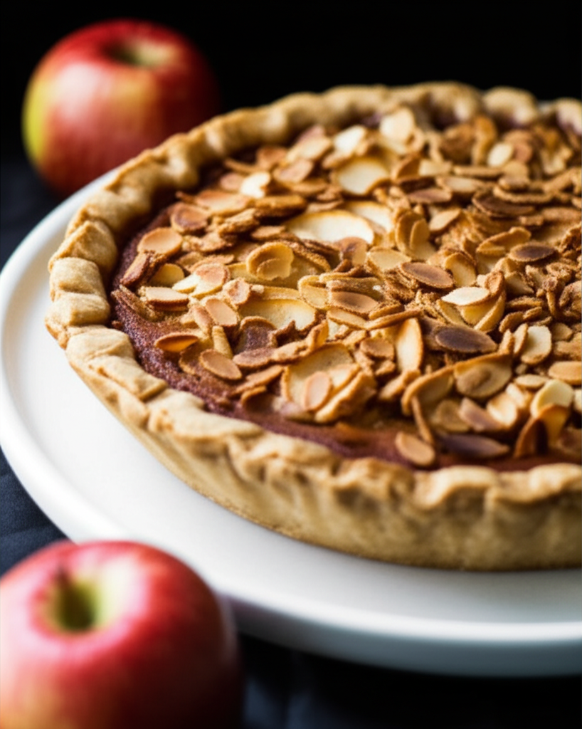 Apple pie with cream cheese filling, topped with toasted almonds, on a white plate with fresh apples.
