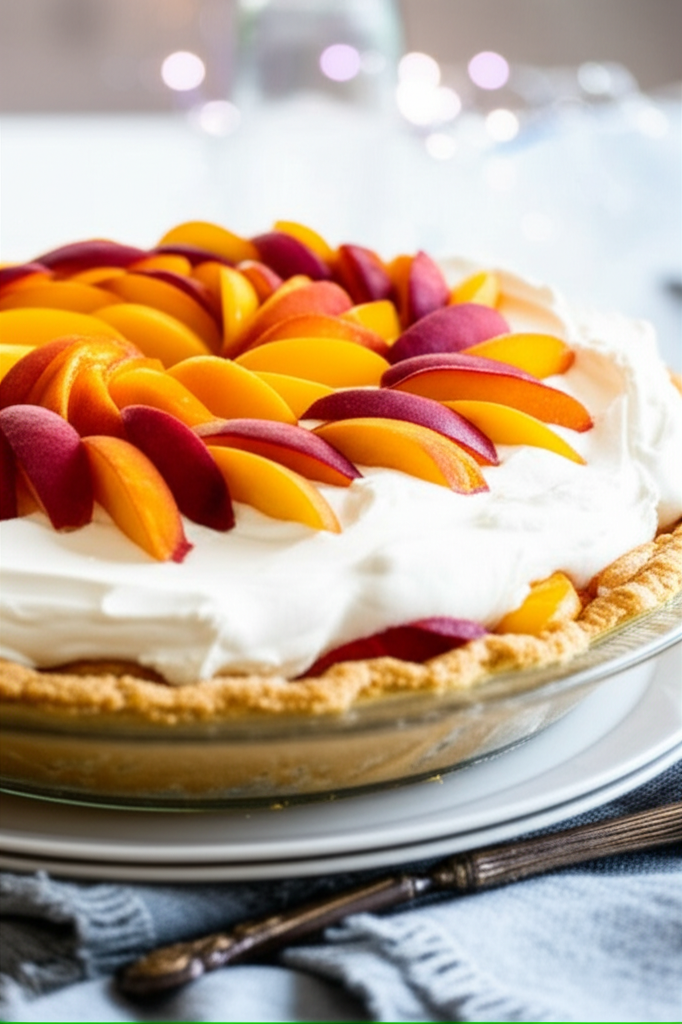 Peach pie with sliced peaches, topped with whipped cream, in a flaky crust.