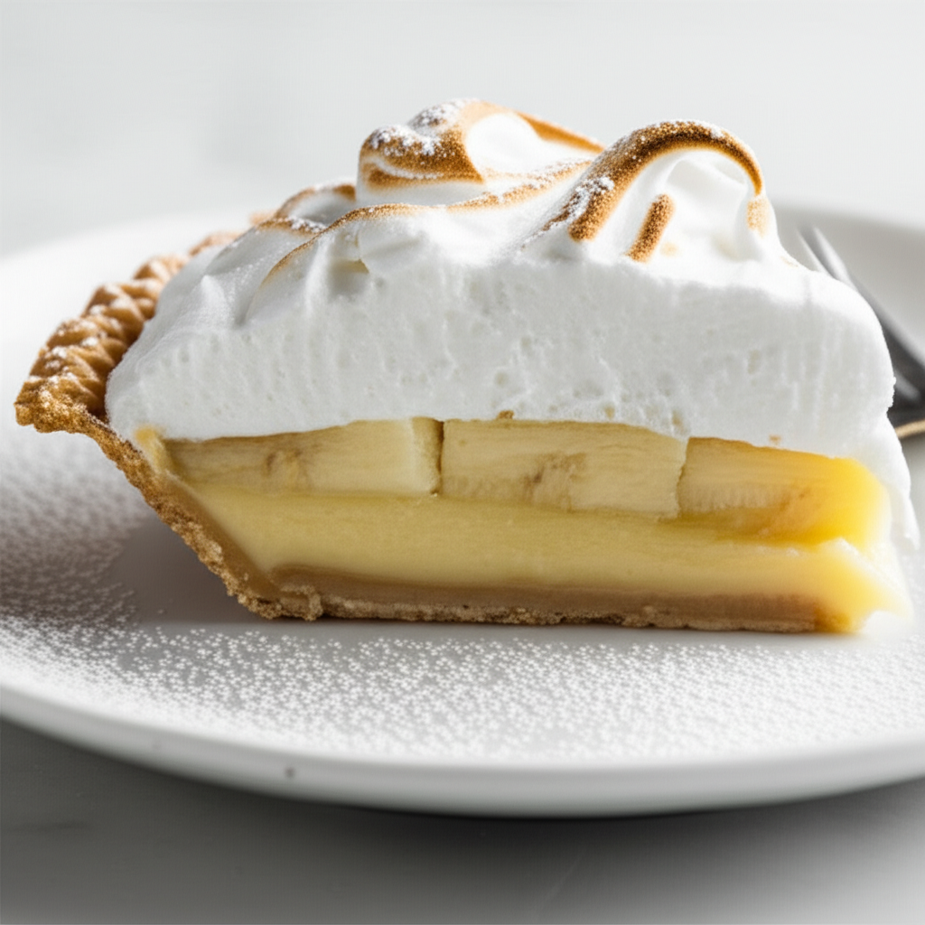 Slice of banana cream pie with toasted meringue topping and flaky crust on a white plate.