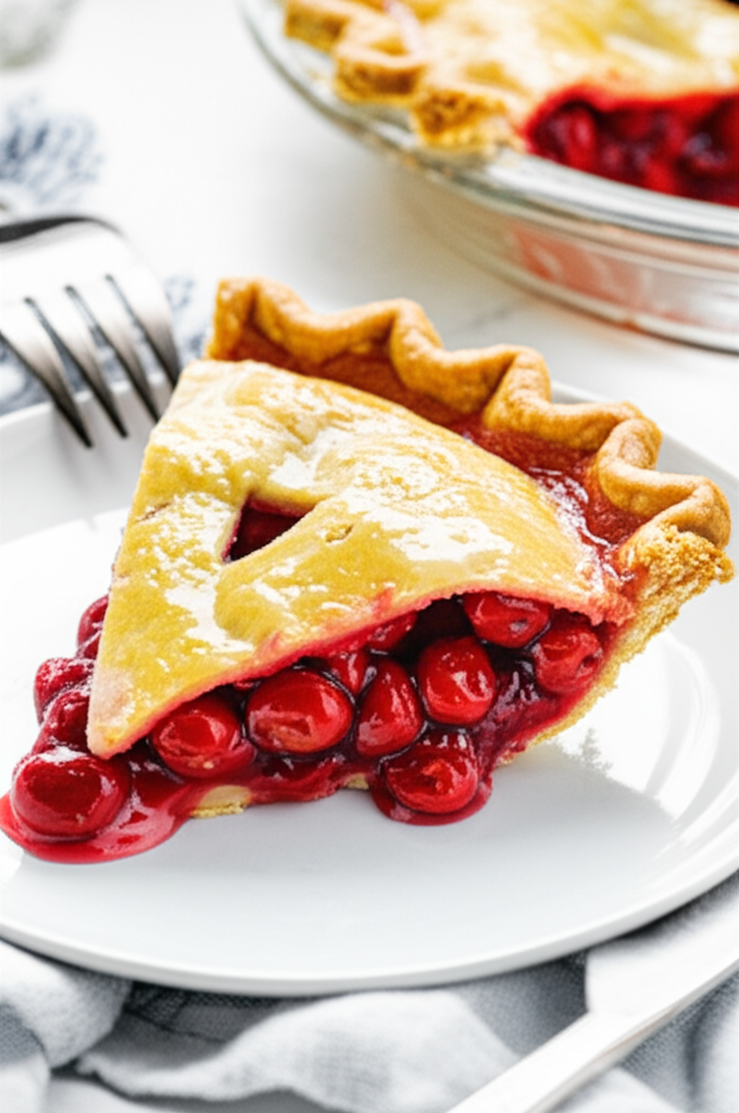 Slice of cherry pie with golden crust and juicy filling on a white plate.