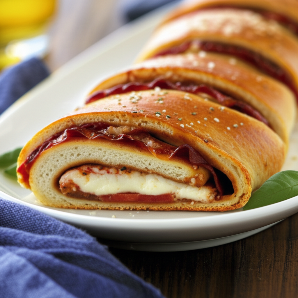 Sliced pizza crescent roll on a white plate, showing layers of cheese, sauce, and pepperoni.