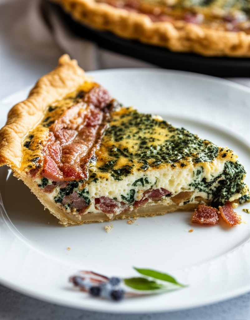 Slice of bacon and spinach quiche with flaky crust on a white plate.