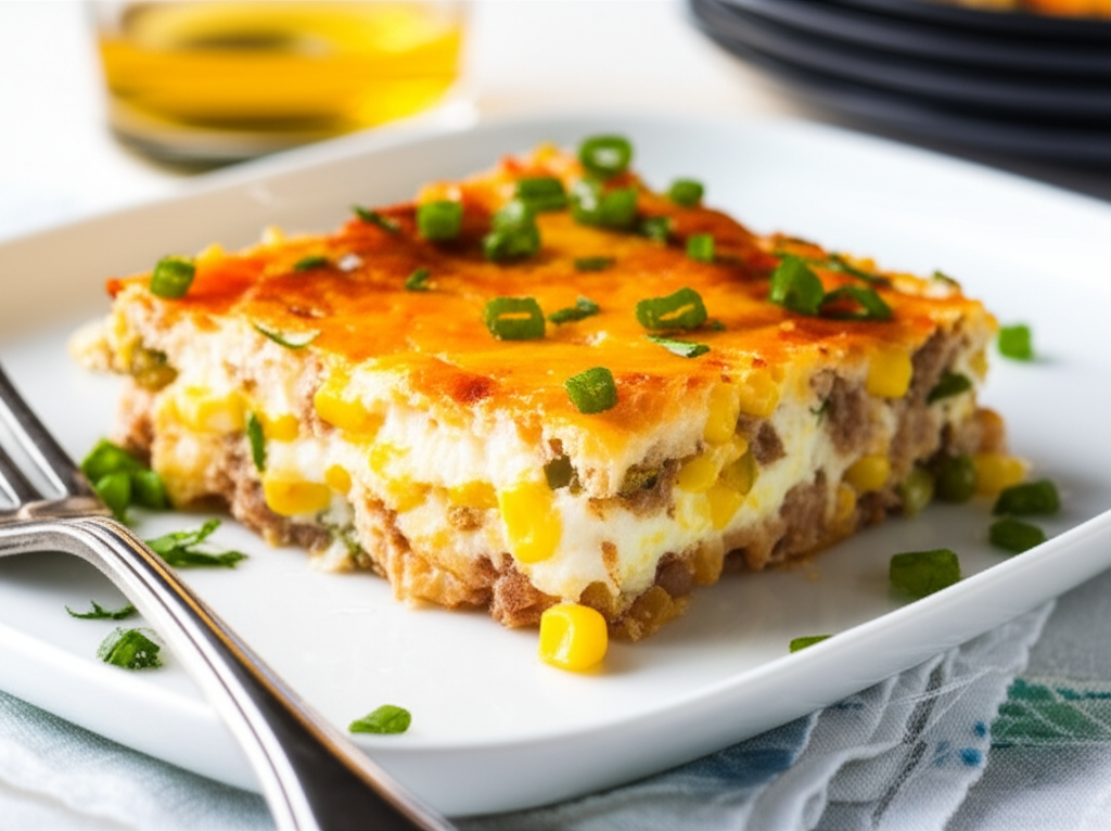 Slice of baked egg casserole with corn, meat, and melted cheese, garnished with green onions on a white plate.