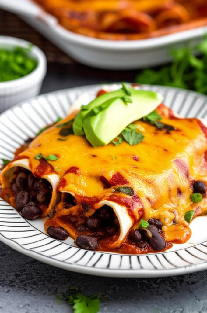 Baked black bean enchiladas topped with melted cheese, avocado slices, and cilantro on a striped plate.