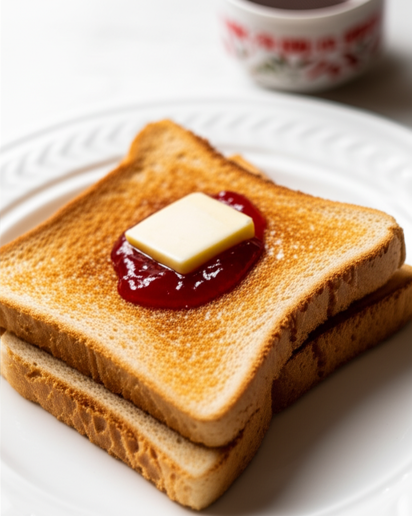 Two slices of golden toast topped with red jam and a pat of butter on a white plate.