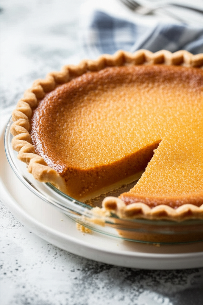 Golden-brown Arkansas chess pie in a glass dish with a crimped crust, a slice removed.