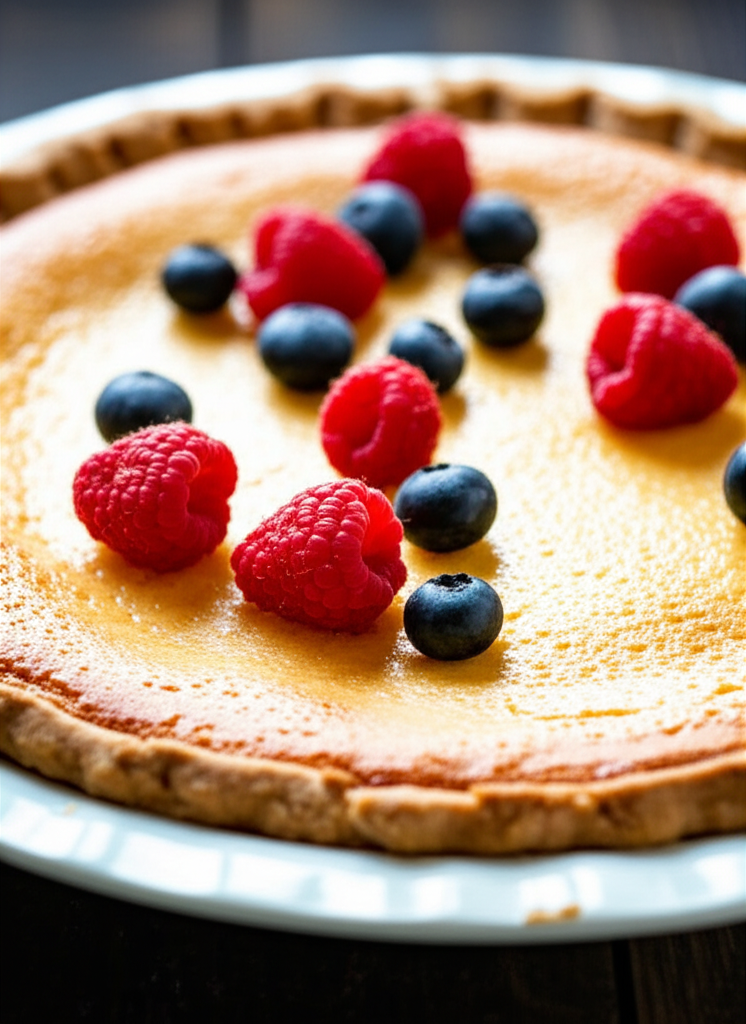 Buttermilk pie in crust, topped with fresh raspberries and blueberries, served on a white plate.