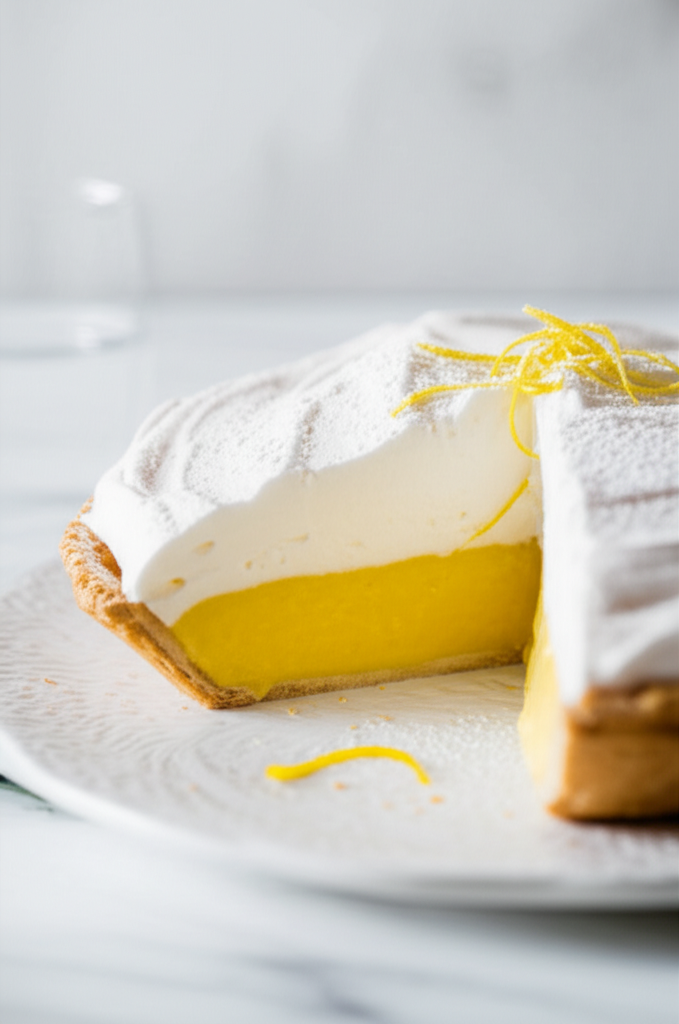Slice of angel pie with yellow filling, meringue topping, powdered sugar, and lemon zest in a flaky crust.