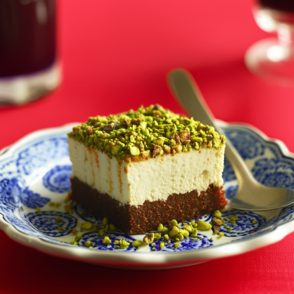 Layered dessert square: dark base, white cream, pistachio topping, on a blue patterned plate.