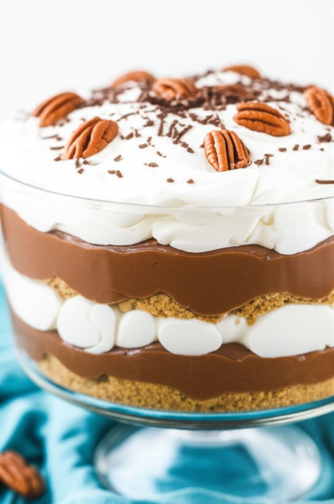 Layered dessert in glass bowl: chocolate pudding, graham cracker, whipped cream, pecans, and sprinkles.