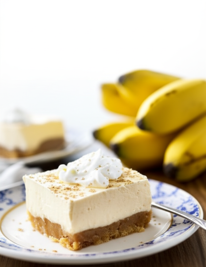 Banana cream dessert square on a patterned plate, topped with whipped cream and spice. Bananas in background.