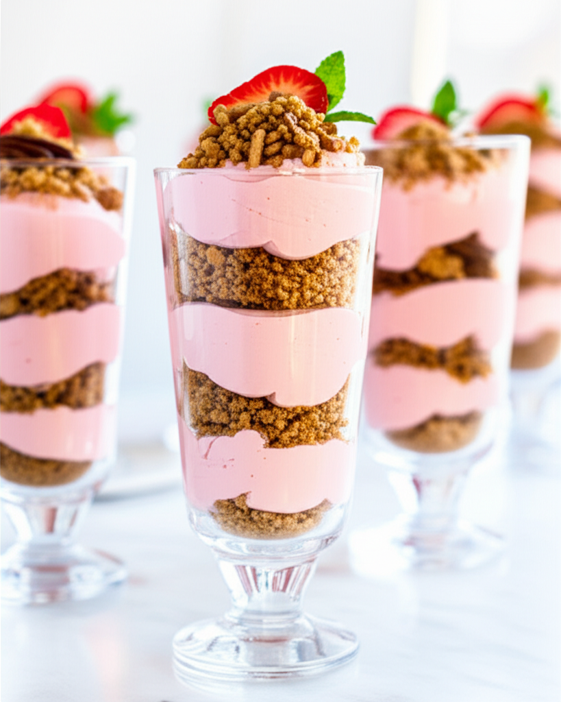 Layered strawberry parfaits in clear glasses, with pink mousse and graham cracker crumbs, topped with strawberries and mint.