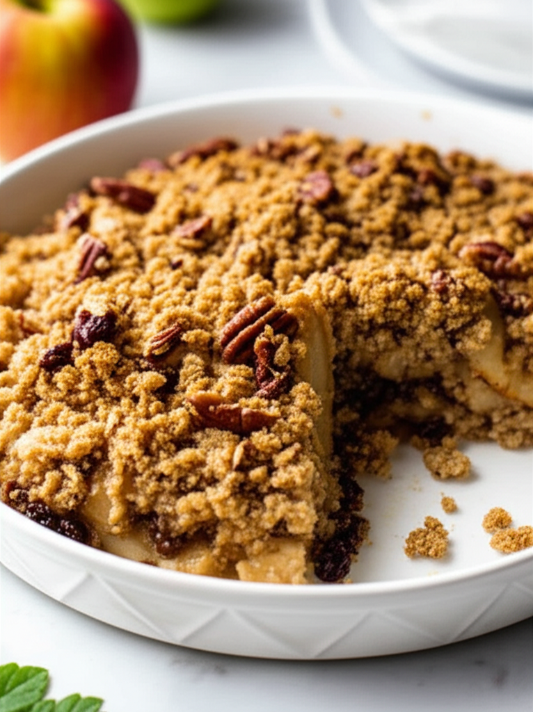 Baked apple crisp in white dish, topped with brown sugar crumble and pecans.