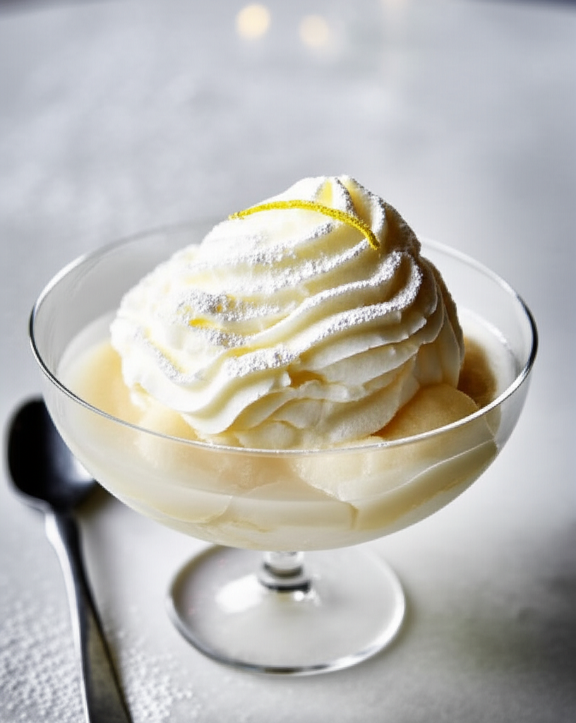 Apple Snow dessert in glass bowl: poached apples in light syrup, topped with powdered sugar and lemon zest.