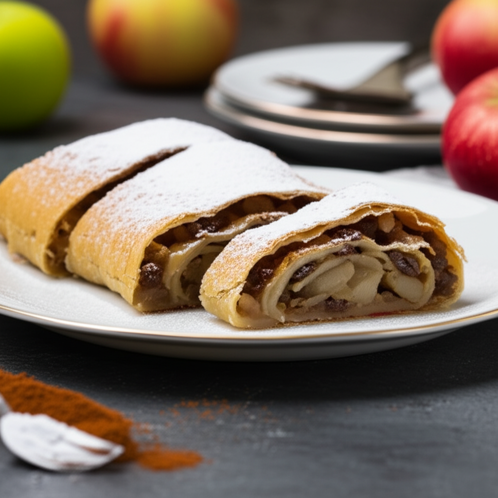 Sliced apple strudel dusted with powdered sugar on a white plate, showing apple and raisin filling.