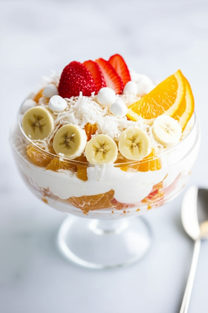 Layered ambrosia dessert in glass bowl: oranges, cream, bananas, coconut, marshmallows, and sliced strawberries.