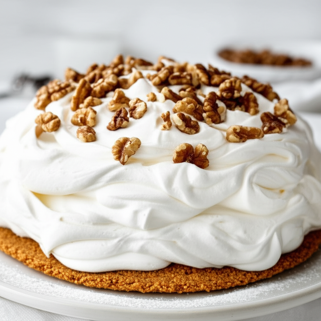 Black walnut meringue: Round meringue topped with whipped cream and walnuts.