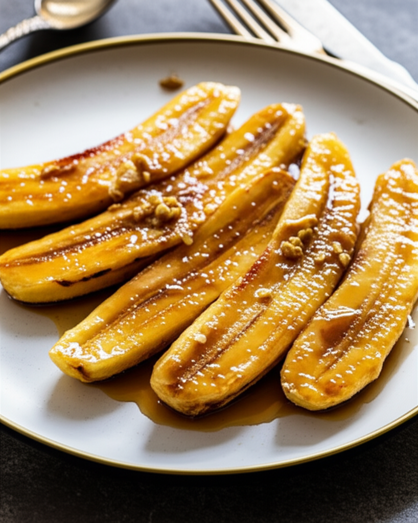 Caramelized bananas on a plate, drizzled with sauce and topped with chopped nuts.