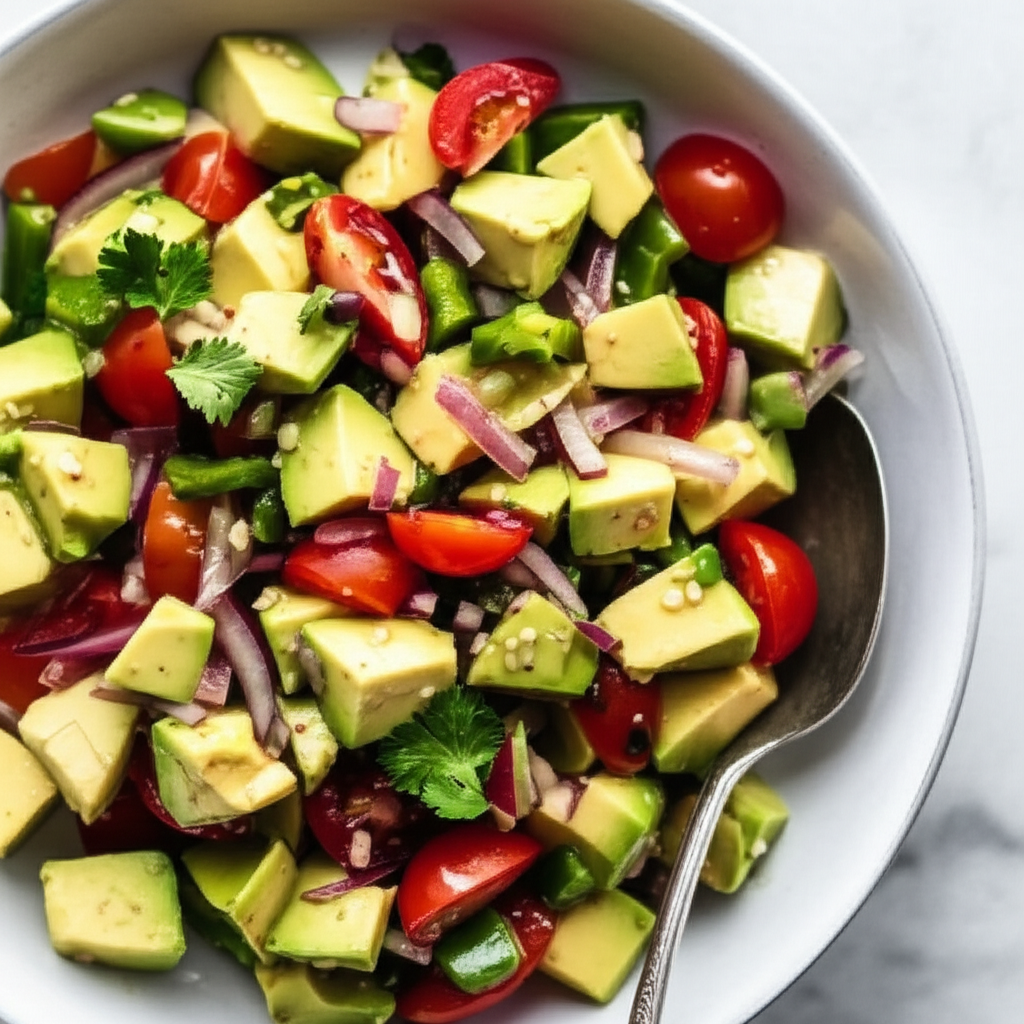 Avocado salsa in a white bowl with a spoon. Diced avocado, tomatoes, red onion, and cilantro are visible.