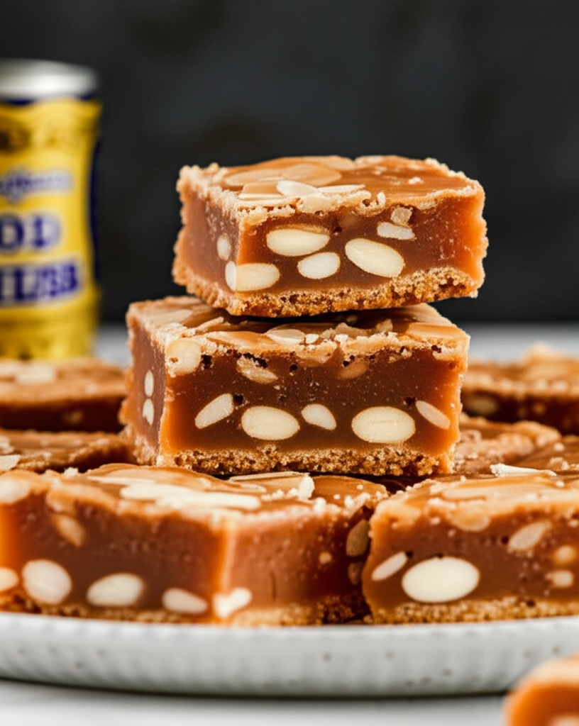 Stacked almond toffee squares on a plate, showing layers of toffee, almonds, and a shortbread base.