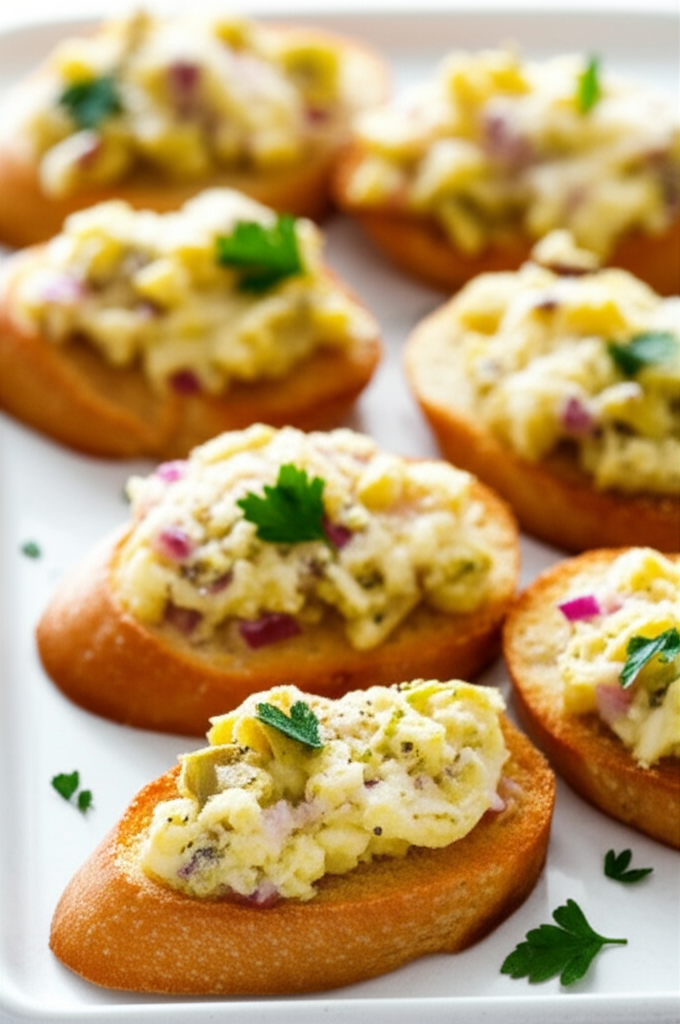 Toasted baguette slices topped with creamy artichoke spread and parsley garnish.
