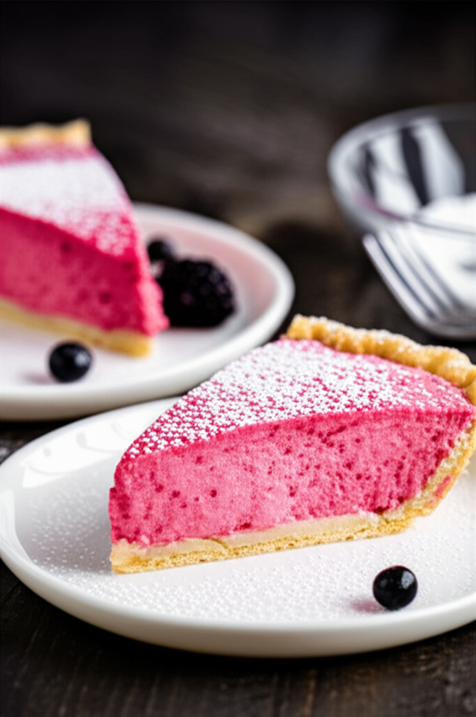 Two slices of pink pie with powdered sugar, served with blackberries on white plates.