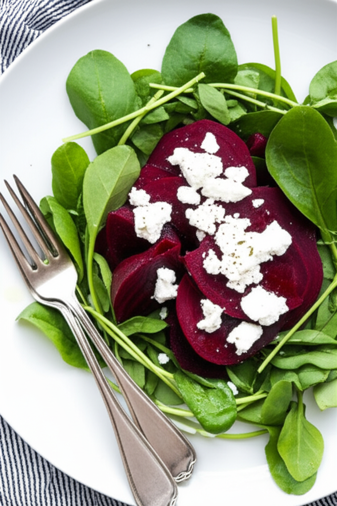 Beet salad: sliced roasted beets topped with crumbled goat cheese, served on a bed of watercress.