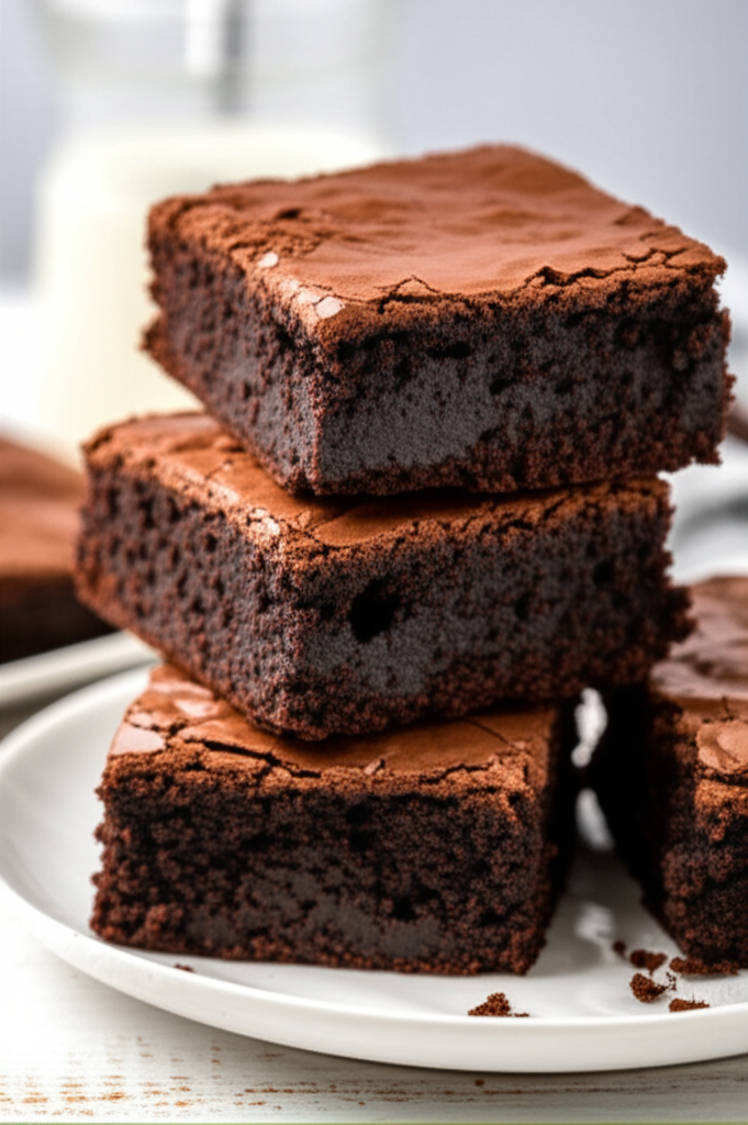 Stack of three square, dark chocolate fudge brownies on a white plate.