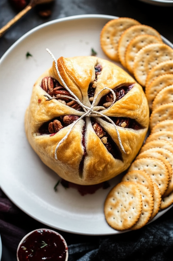 Baked brie with pecans and jam in puff pastry, tied with string, served with crackers on a white plate.