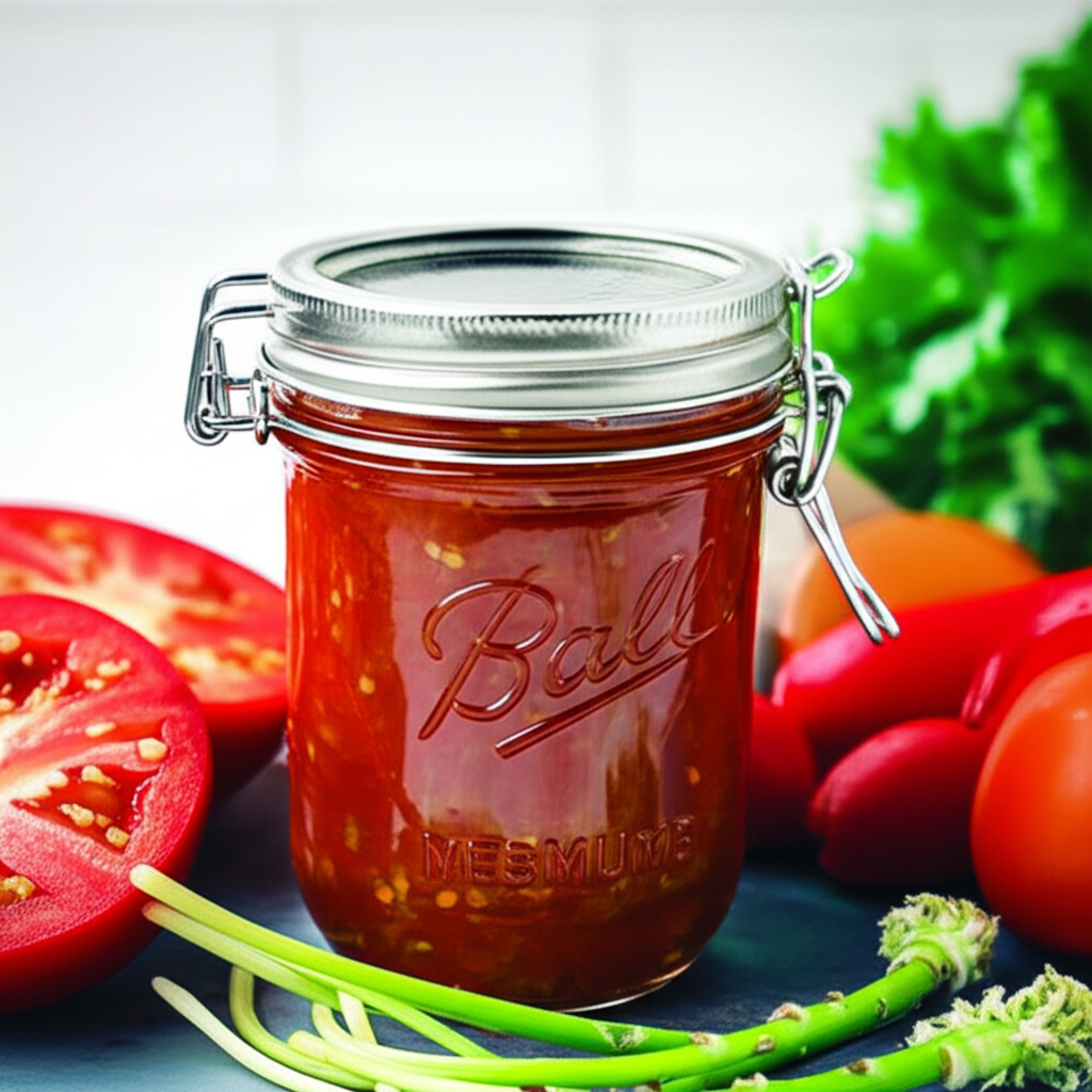 Jar of red relish with visible tomato chunks, surrounded by fresh tomatoes and green onions.