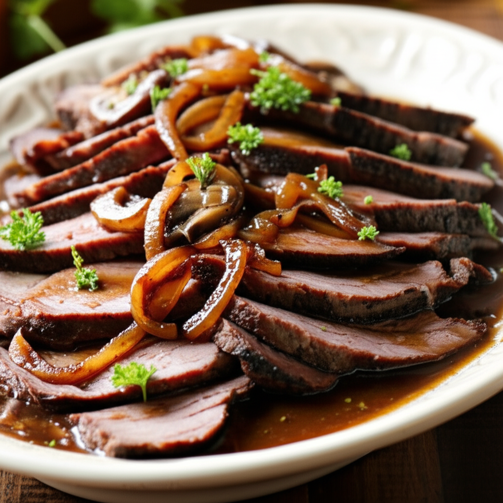 Sliced roast beef with gravy, topped with sauteed onions and parsley, served on a white platter.
