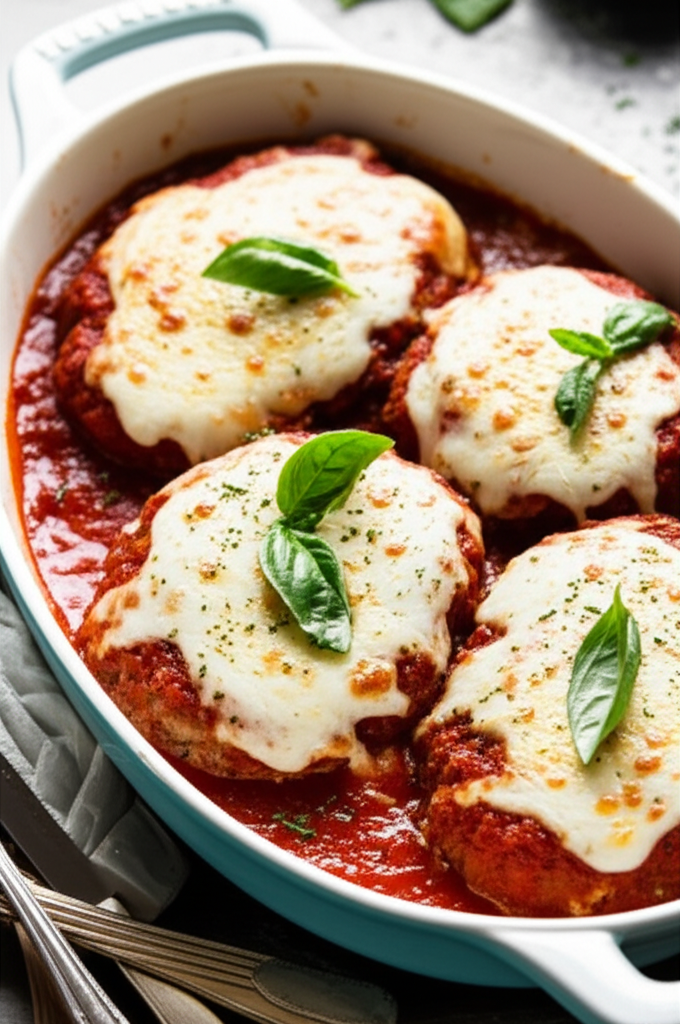 Beef Parmigiana in a baking dish. Meat patties topped with melted mozzarella, tomato sauce, and basil leaves.