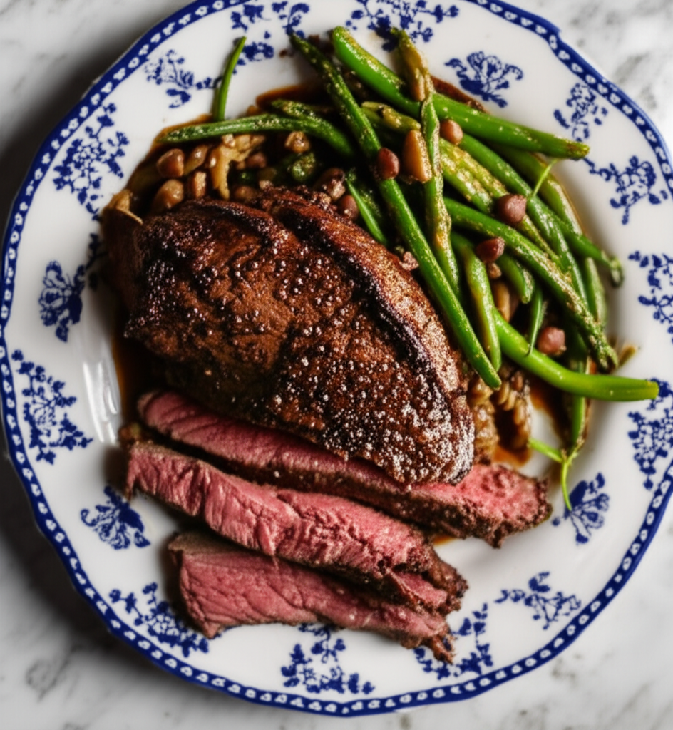 Sliced baked steak, medium-rare, with green beans and grains on a blue and white patterned plate.