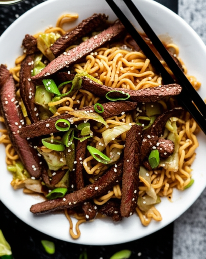 Asian noodles topped with sliced, seared beef, cabbage, and scallions, served in a white bowl with chopsticks.