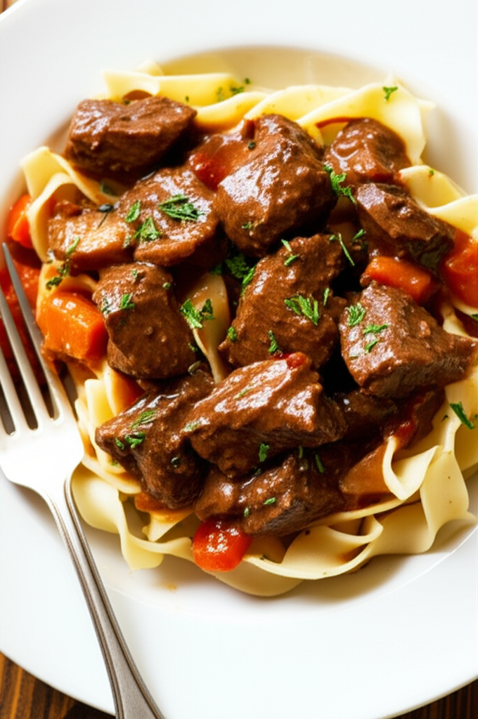 Braised beef chunks with carrots and parsley, served over wide egg noodles on a white plate.