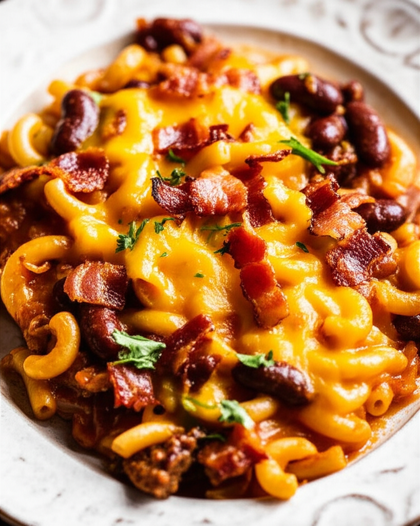 Macaroni-chili casserole topped with melted cheddar, kidney beans, and crispy bacon crumbles on a white plate.