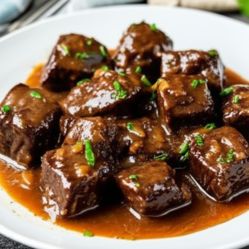 Baked beef cubes in rich brown gravy, garnished with fresh herbs, served on a white plate.