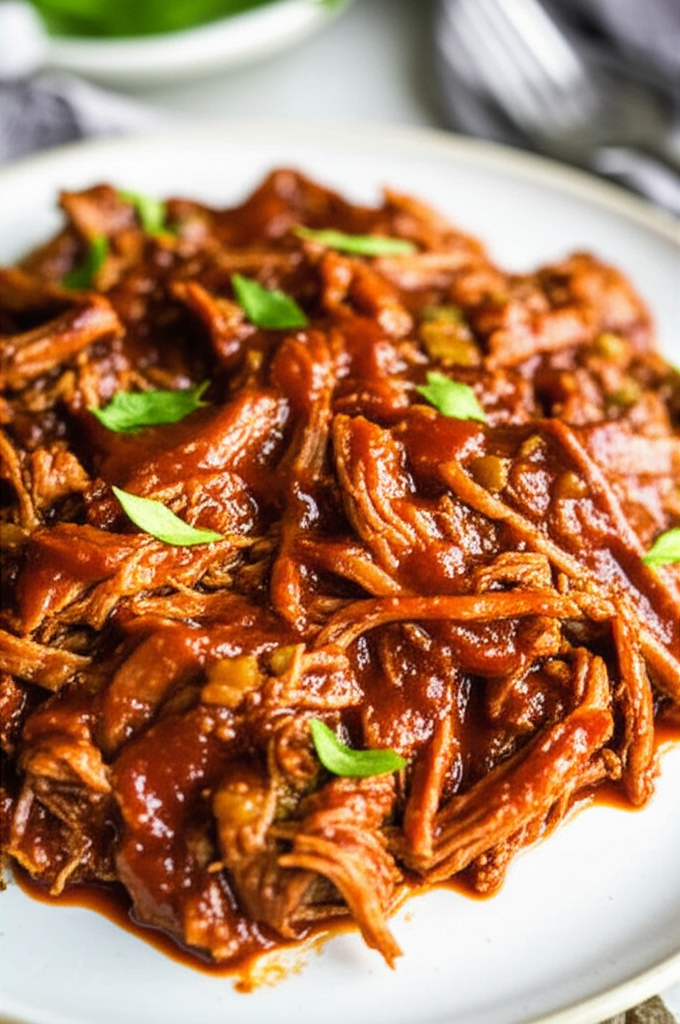 Shredded barbecue beef on a white plate, garnished with fresh basil.