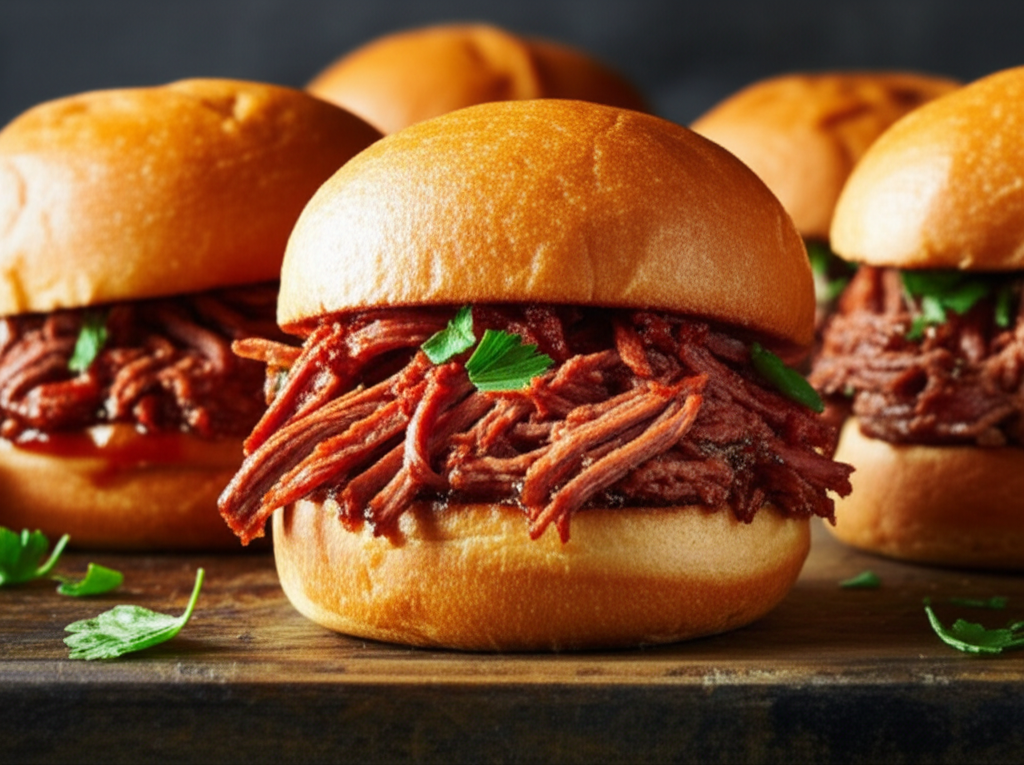 Barbecue beef sandwiches on brioche buns, garnished with parsley, on a wooden board.
