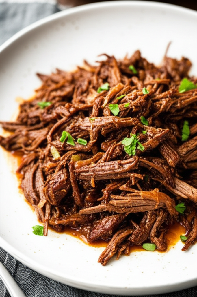 Shredded barbecued beef on a white plate, garnished with fresh parsley.
