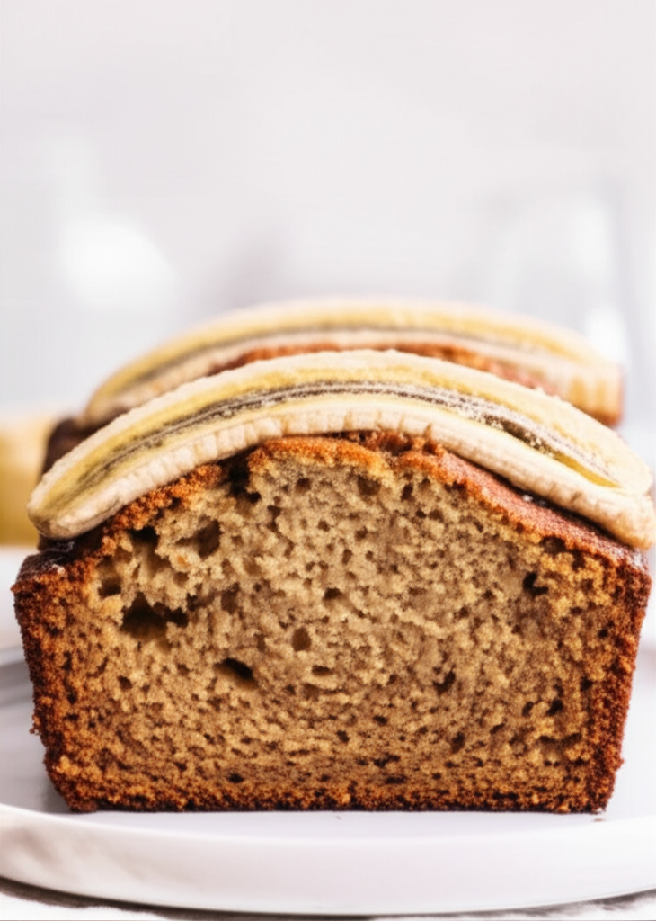 Sliced banana bread loaf, topped with banana slices, showing moist crumb texture.
