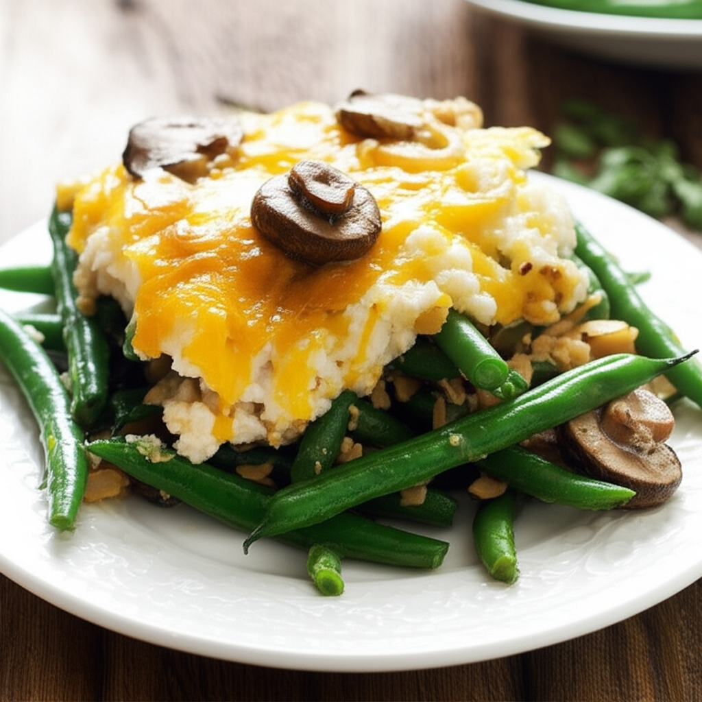Green bean casserole on a white plate, topped with mashed potatoes, melted cheese, and sliced mushrooms.