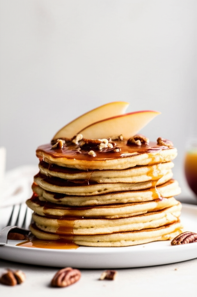 Stack of pancakes drizzled with syrup, topped with apple slices and pecans.