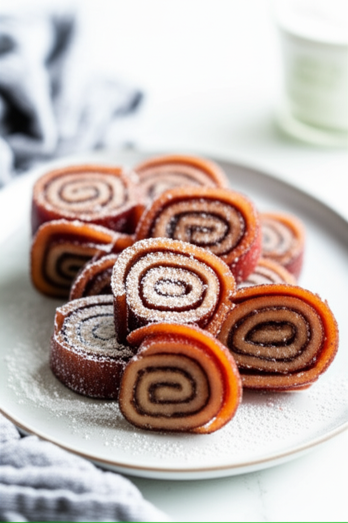 Rolled apple fruit leather slices, dusted with powder, stacked on a plate.