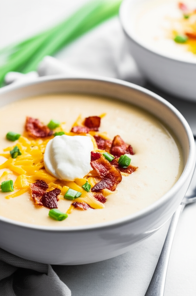 Creamy baked potato soup in a white bowl, topped with bacon, cheddar cheese, sour cream, and green onions.