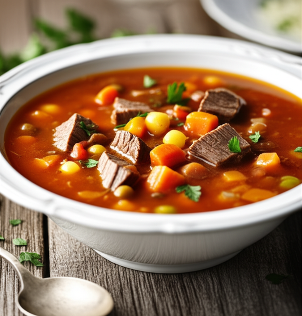 Beef vegetable soup in a white bowl, featuring tender beef cubes, carrots, peas, and herbs in a rich broth.