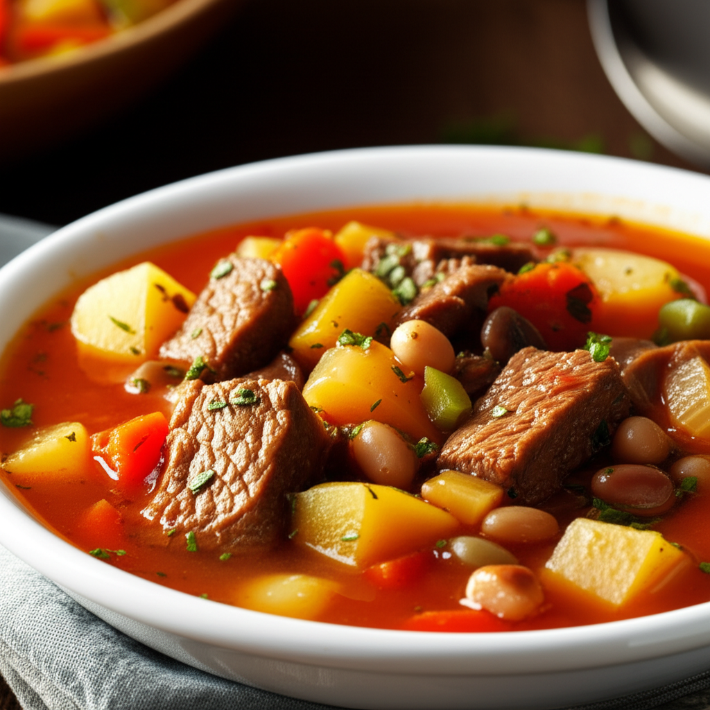 Beef vegetable soup in a white bowl, featuring chunks of beef, potatoes, carrots, beans, and herbs in a rich, red broth.
